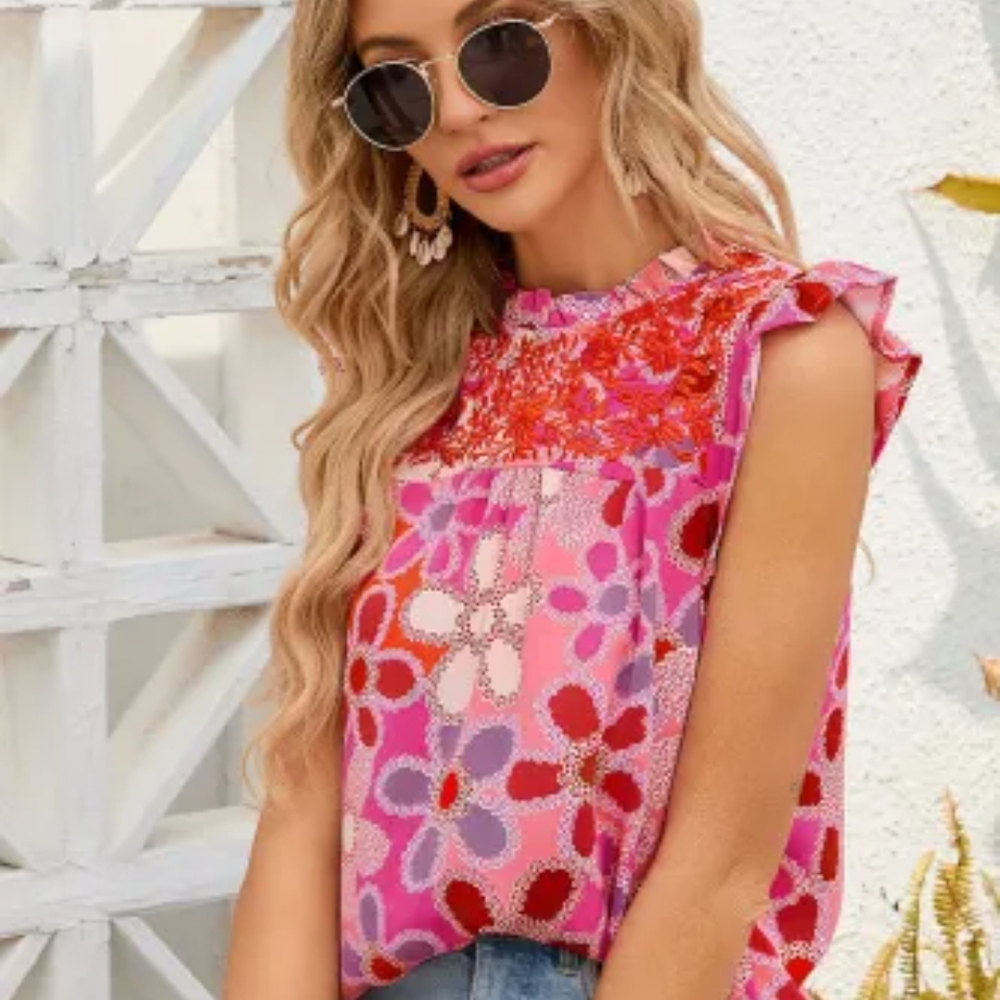 Pink Graphic Sleeveless Blouse Relaxed Fit VARIOUS Size MED left - Picture 5 of 7